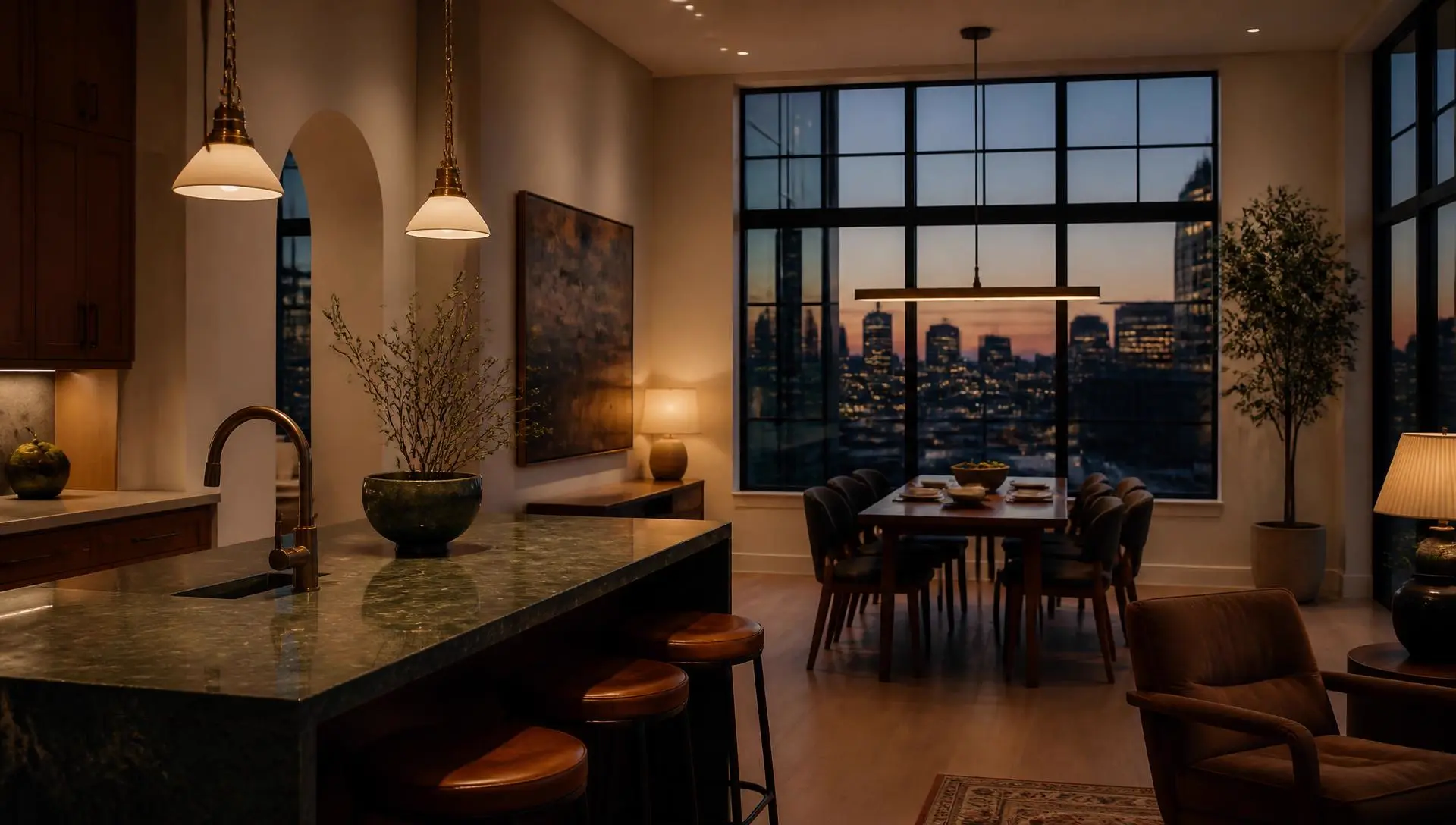 Warmly lit remodeled interior with walnut millwork and a green stone island overlooking the Twin Cities skyline at dusk
