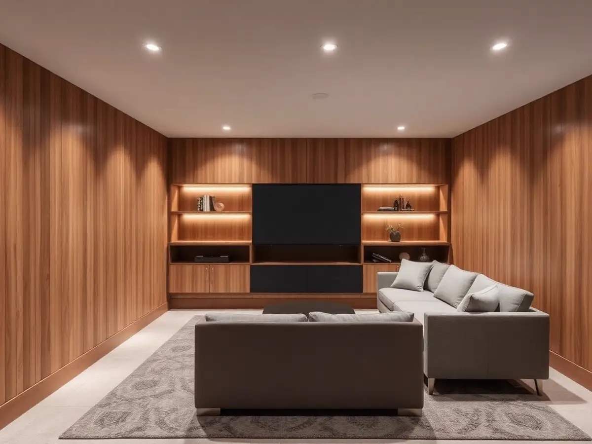 Finished basement lounge with wood slat wall
