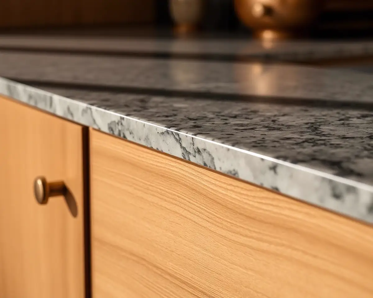 Detail of stone countertop meeting oak cabinetry