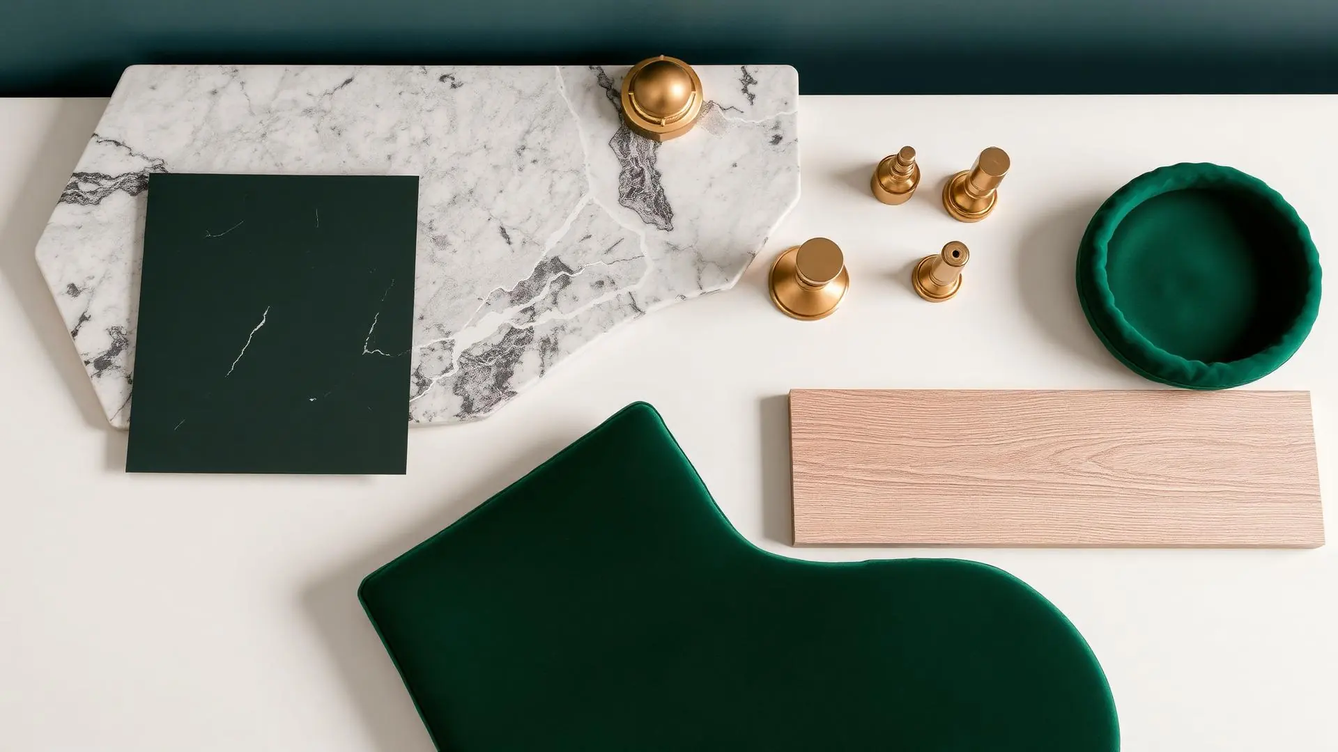 Design inspiration: interior finish samples including marble, brass, oak and deep green velvet
